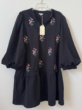 Jodifl Black Floral Embroidered Balloon Sleeve Mini Dress Size Large New